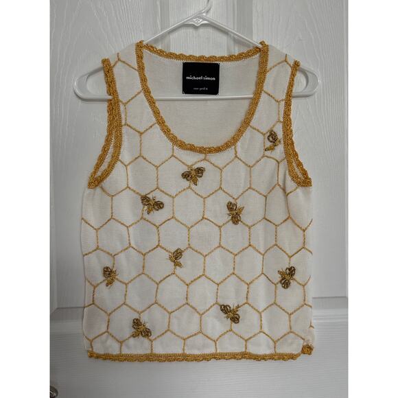 Y2K Michael Simon Knit crochet Bumblebee beaded Vest white gold yellow S/M - Picture 11 of 12